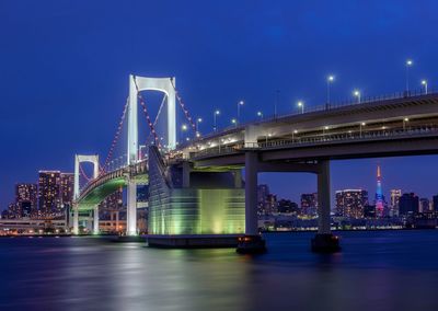 Illuminated bridge over river against sky at night