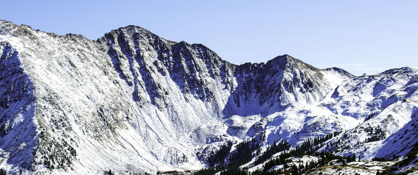 Scenic view of snowcapped mountains against clear sky