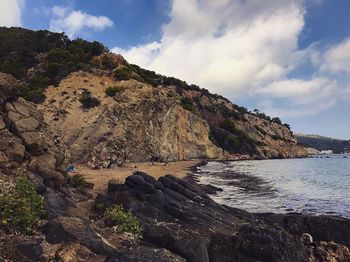 Scenic view of sea and rock formation against sky