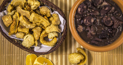 High angle view of meat in bowl on table