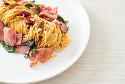 High angle view of food in plate on table