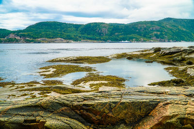 Scenic view of lake against cloudy sky