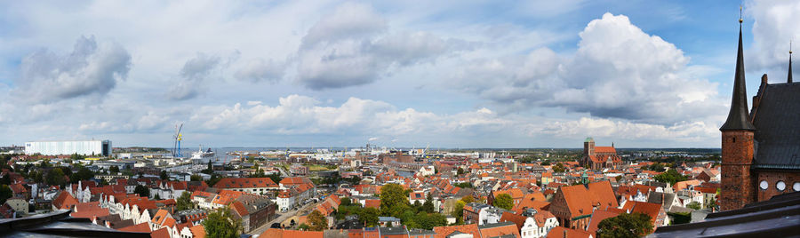 High angle shot of townscape against sky