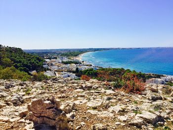 Scenic view of sea against clear blue sky