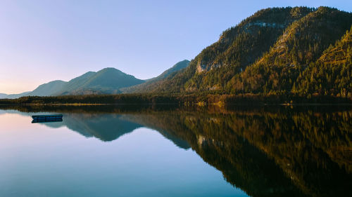 Scenic view of lake and mountains against clear sky