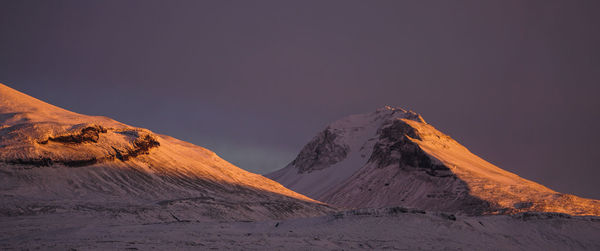 Scenic view of snowcapped mountains against clear sky