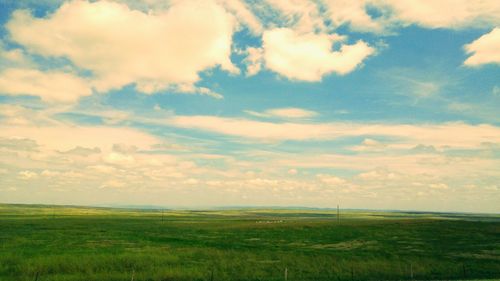 Scenic view of grassy field against cloudy sky