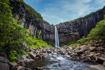 Scenic view of stream amidst rocks against plants