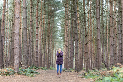 Full length rear view of man walking in forest