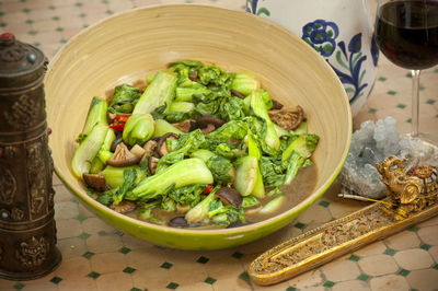 High angle view of salad in bowl on table