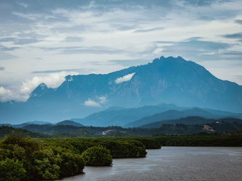 Scenic view of lake and mountains against sky