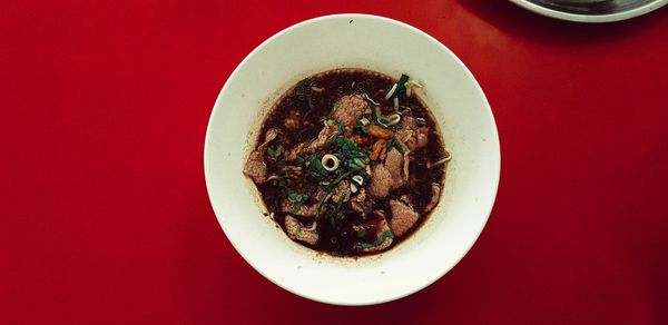 High angle view of soup in bowl