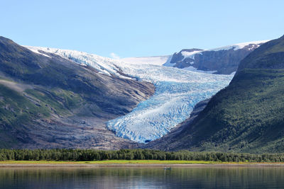 Scenic view of lake and snowcapped mountains against sky