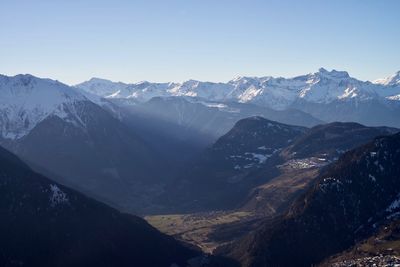 Scenic view of snowcapped mountains against clear sky