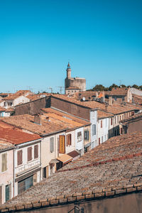 Buildings in city against clear blue sky