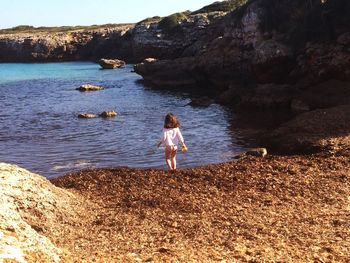 Rear view of girl on shore at beach