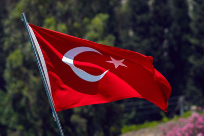 Low angle view of turkish flag against trees