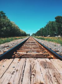 Surface level of railroad tracks against clear sky