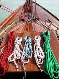 High angle view of ropes on boat