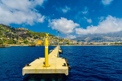 View of calm blue sea against mountain range