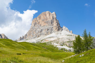 Low angle view of rocky mountain against sky