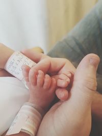 Close-up of baby holding hands