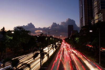 Light trails on road at night