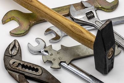 High angle view of old metal on table