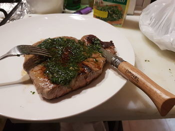 Close-up of food in plate on table