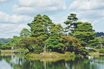 Scenic view of lake by trees against sky