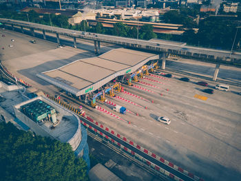 High angle view of train in city