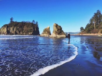 Scenic view of sea against clear blue sky