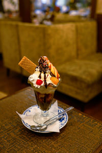 Close-up of ice cream on table