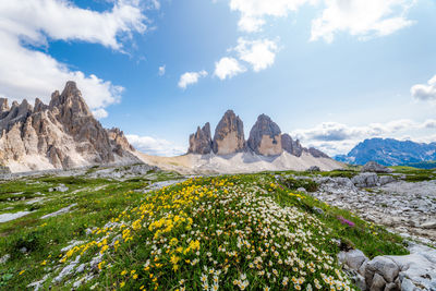 Panoramic view of rocky mountains against sky