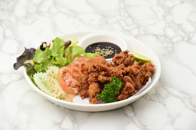 High angle view of food served in plate