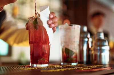 Close-up of beer glass on table