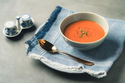 High angle view of soup in bowl on table
