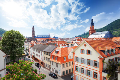 High angle view of buildings in city