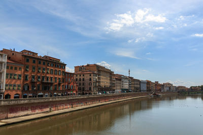 Buildings by river against sky in city