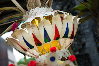 Low angle view of colorful decoration on pole