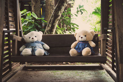 View of stuffed toy on bench in park
