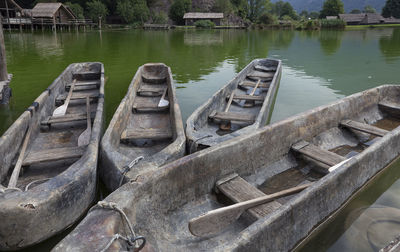 High angle view of boats moored in lake