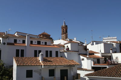 Residential buildings against clear blue sky