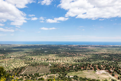 Aerial view of landscape and sea against sky