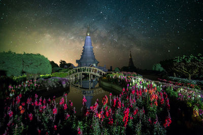 Pagoda in doi inthanon national park at night against star field