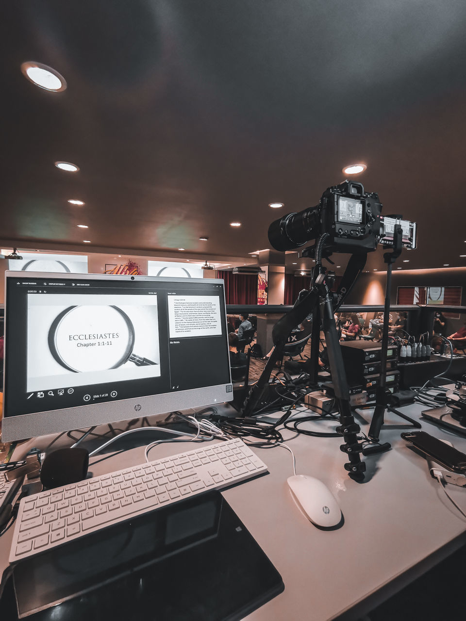 LOW ANGLE VIEW OF ILLUMINATED LIGHTING EQUIPMENT ON TABLE AT HOME