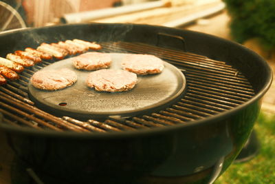 High angle view of meat in cooking pan