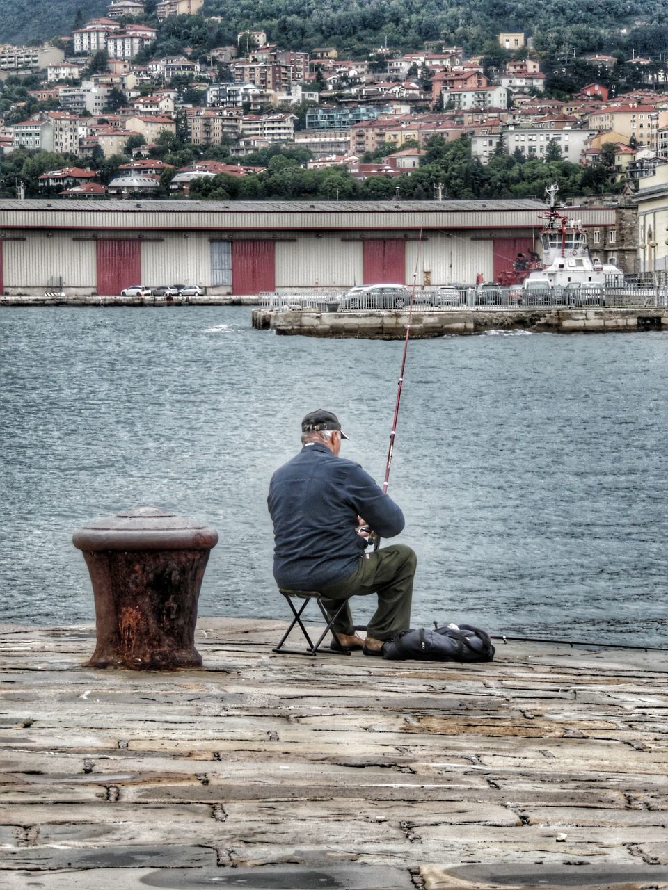 building exterior, architecture, built structure, water, men, city, lifestyles, rear view, leisure activity, full length, cityscape, river, person, city life, residential structure, animal themes, sitting, sea