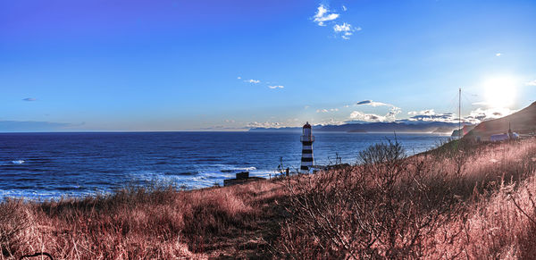 Scenic view of sea against blue sky