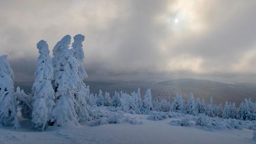 Snow covered landscape against sky